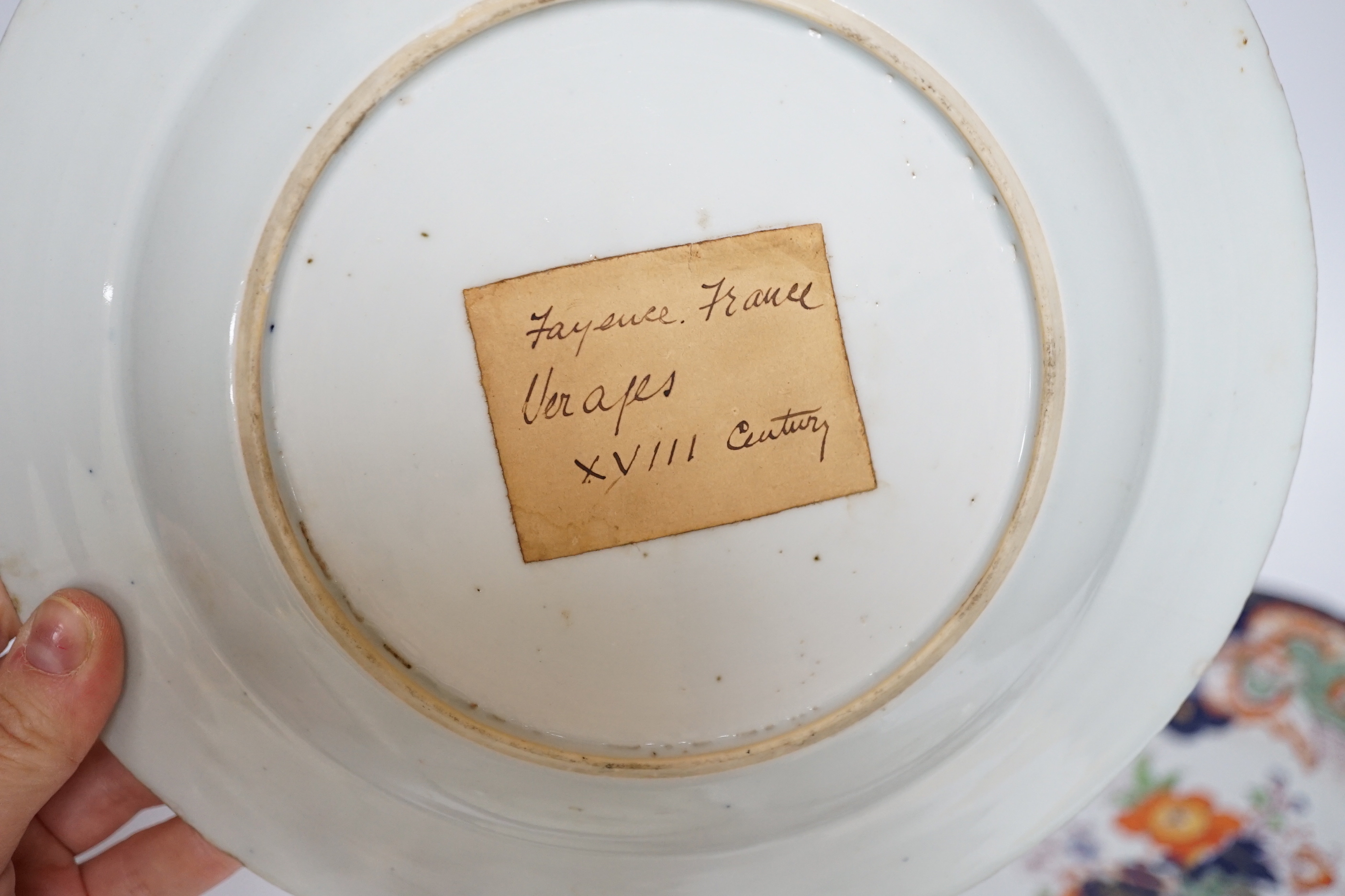 Two late 18th century pearlware Prattware plates, a Chinese export plate and an ironstone plate, largest 27cm in diameter